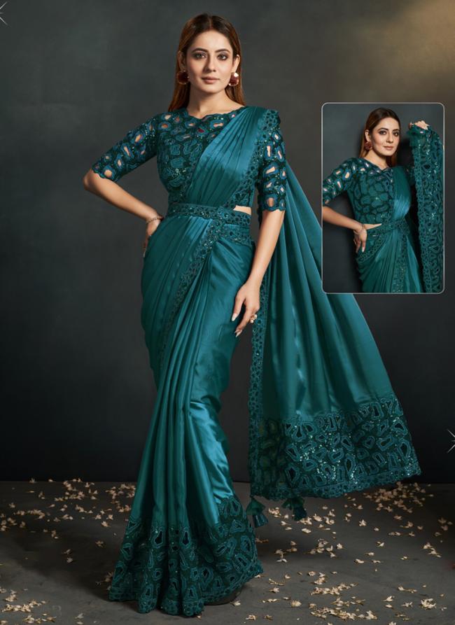 Silk Blue Party Wear Embroidery Work Ready To Wear Saree